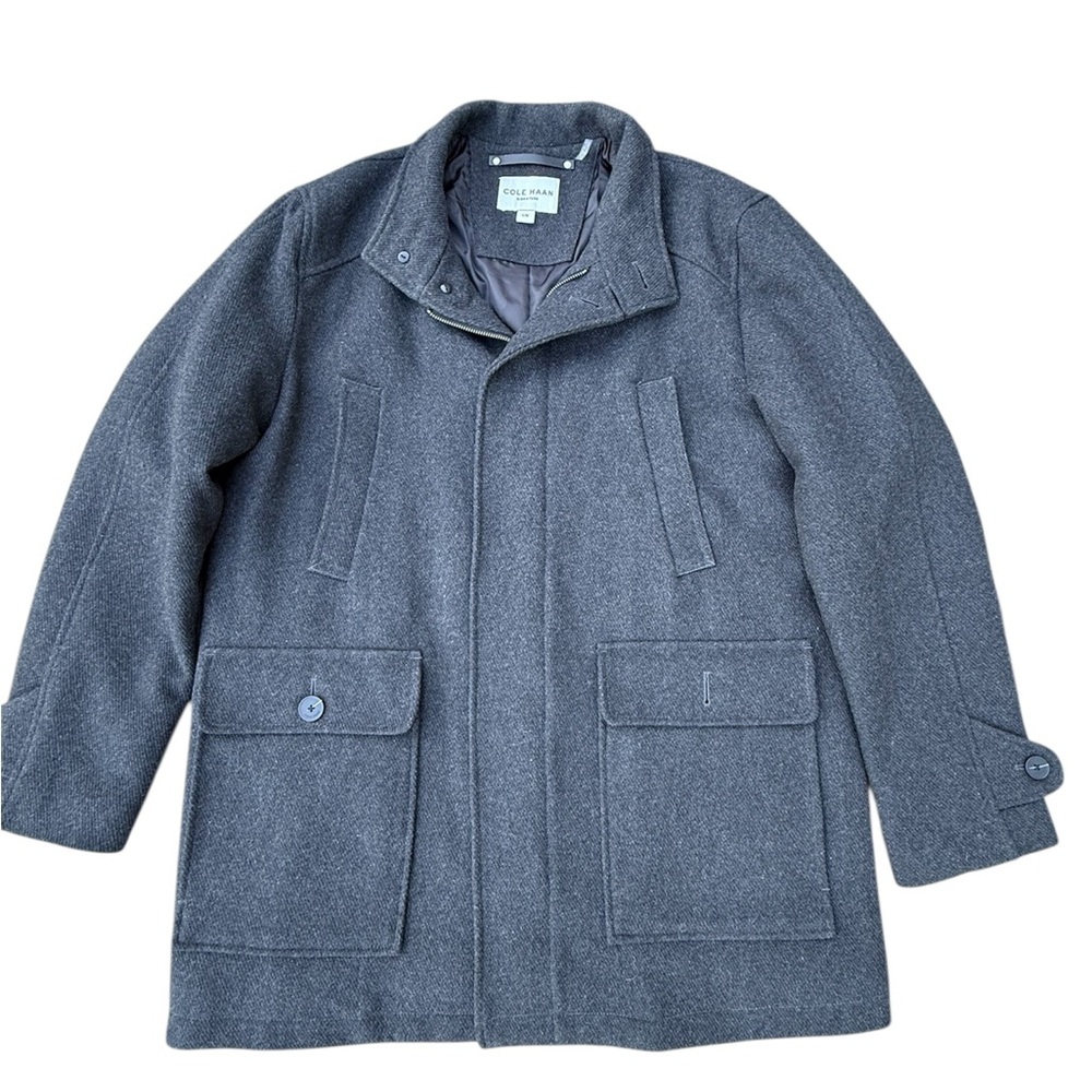Designer Cole Haan Men's Peacoat Style Wool Blend Gray Lined Warm Coat Size L